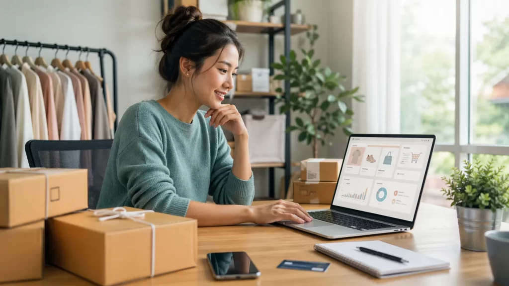 Een beginnende ondernemer werkt vanuit huis aan haar webshop, omringd door pakketten en e-commerce tools.
