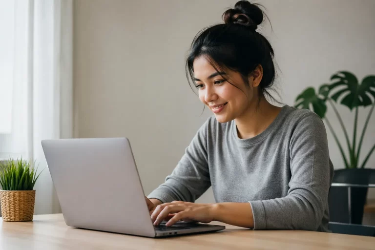 Een jonge ondernemer werkt thuis aan haar online bedrijf met een laptop in een rustige, lichte werkruimte.