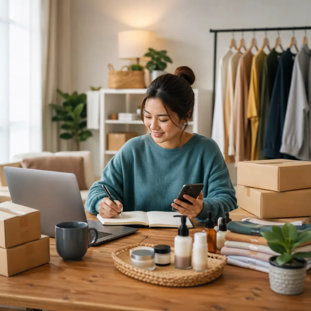 Een rustige thuiswerkplek voor iemand die naast een baan een eigen online onderneming opbouwt.