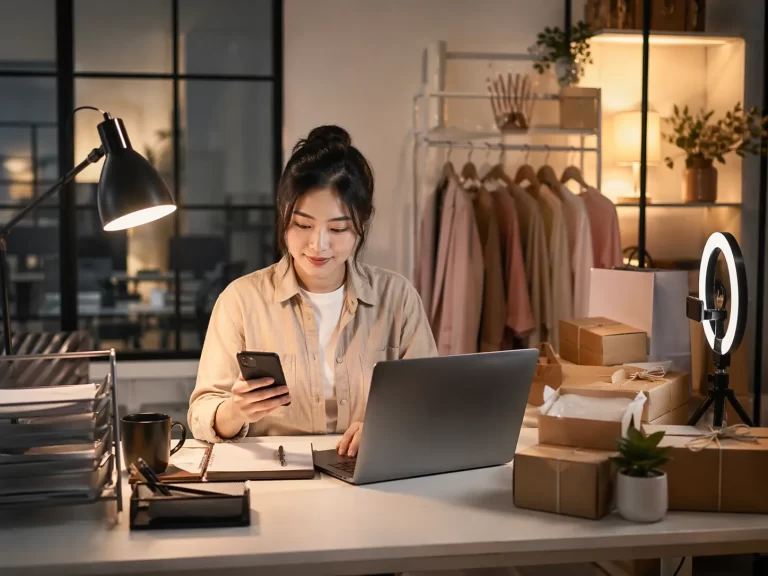 Een rustige avond waarin iemand vanuit huis werkt aan een eigen online onderneming naast een vaste baan.