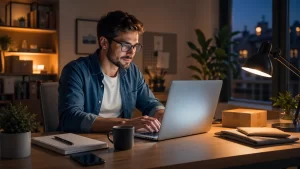 Beroemdheden Een zzp’er werkt ’s avonds thuis aan zijn online onderneming.
