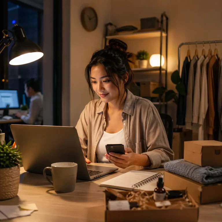 Een jonge ondernemer werkt ’s avonds thuis aan haar online bedrijf, met laptop, telefoon en pakketjes op haar bureau.