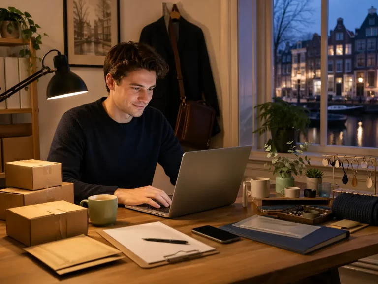 Een startende ondernemer werkt ’s avonds thuis aan een webshop, met pakketten en producten klaar voor verzending.
