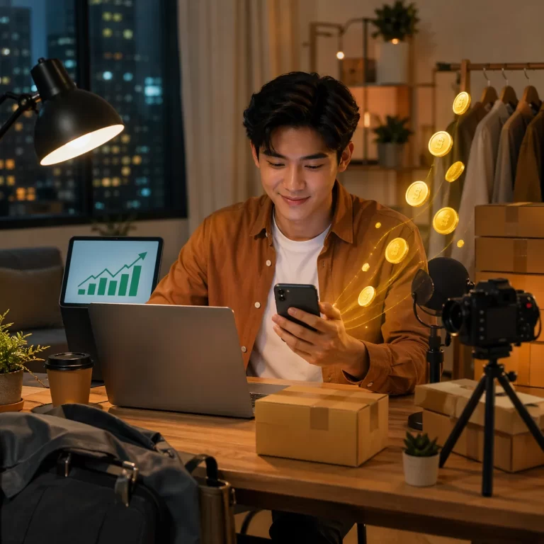 Een jonge ondernemer werkt ’s avonds thuis aan online inkomsten naast zijn baan.