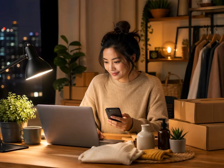 Een gezellige avondscène waarin iemand thuis werkt aan een klein online bedrijf, met laptop, telefoon en verzenddozen.