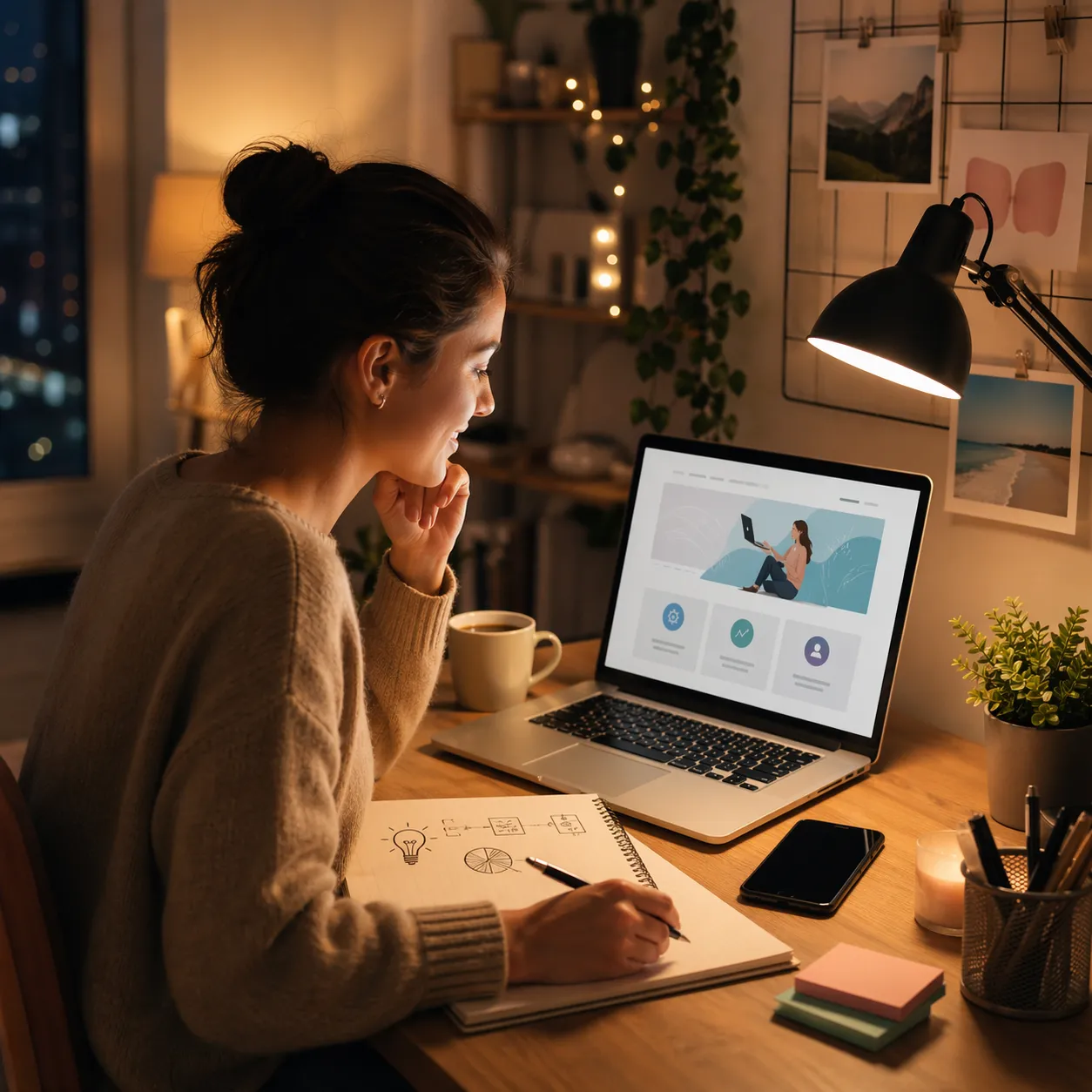 Een sfeervolle werkplek waar iemand ’s avonds werkt aan het opzetten van een online dienst naast een vaste baan.