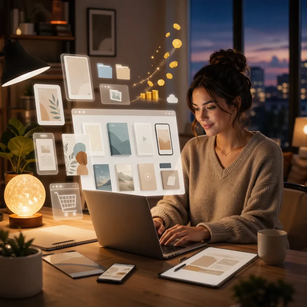 Een warme thuiskantoor-scène waarin iemand naast haar baan digitale producten creëert en online verkoopt.
