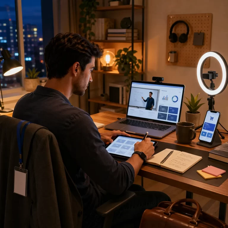 Een gemotiveerde professional bouwt ’s avonds vanuit huis aan een online cursus als extra inkomstenbron.