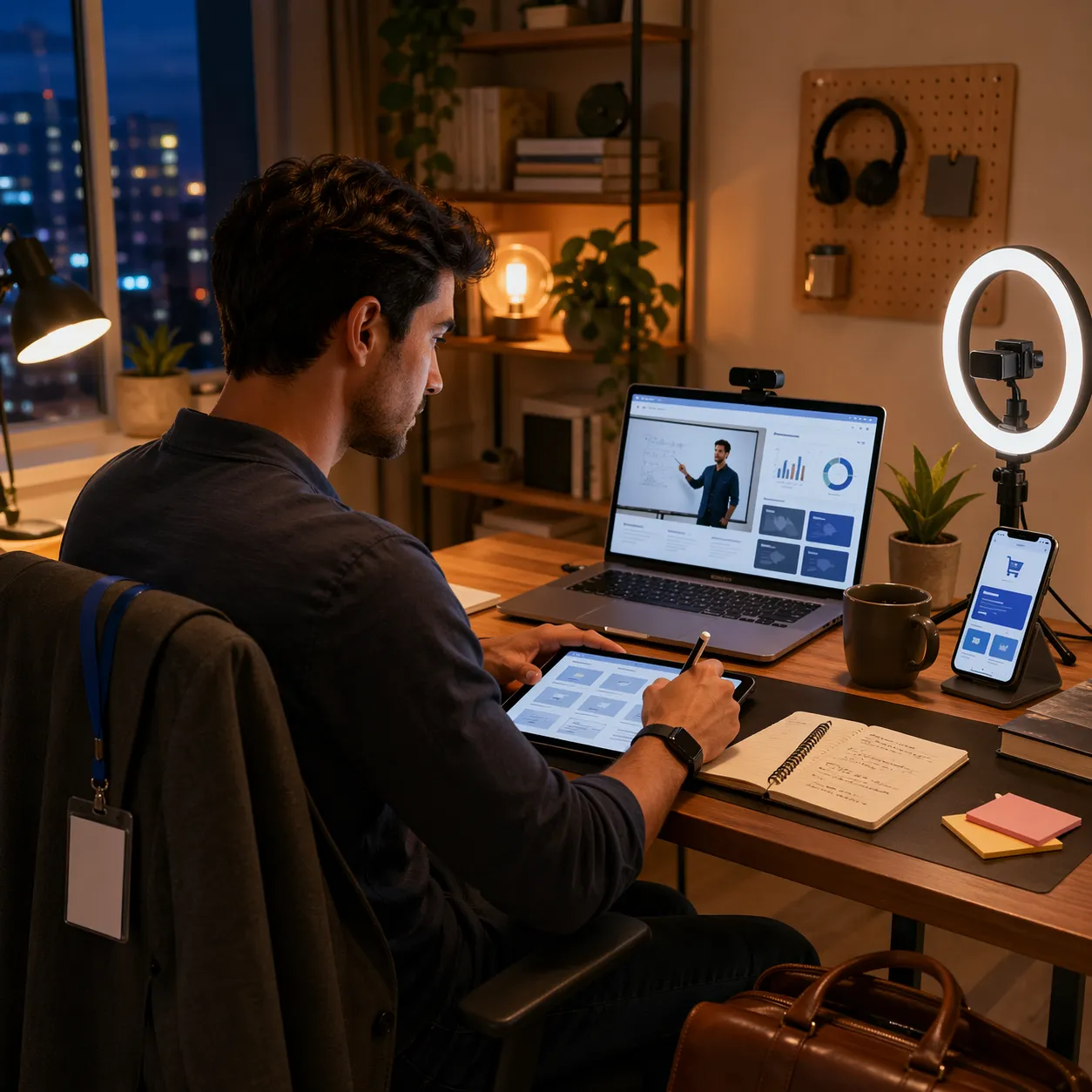 Een gemotiveerde professional bouwt ’s avonds vanuit huis aan een online cursus als extra inkomstenbron.
