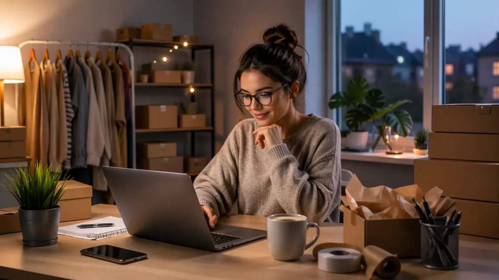 Een sfeervol beeld van iemand die ’s avonds vanuit huis werkt aan een eigen webshop, met laptop, pakketten en verzendmateriaal.