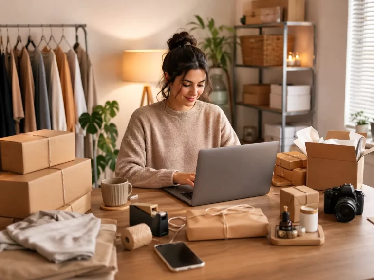 Een gezellige werkplek thuis met pakketten, producten en een laptop voor het opbouwen van een eigen webshop naast een baan.