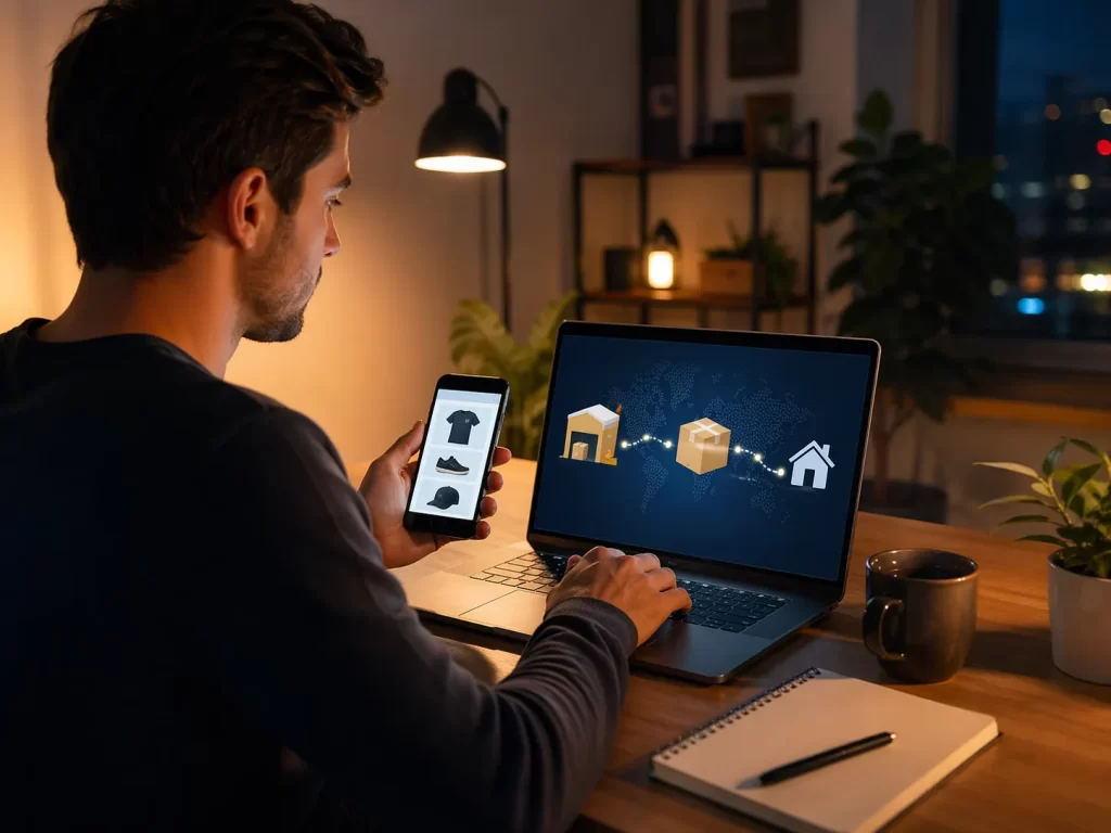 Een ondernemer beheert ’s avonds zijn webshop vanuit huis, zonder eigen voorraad.