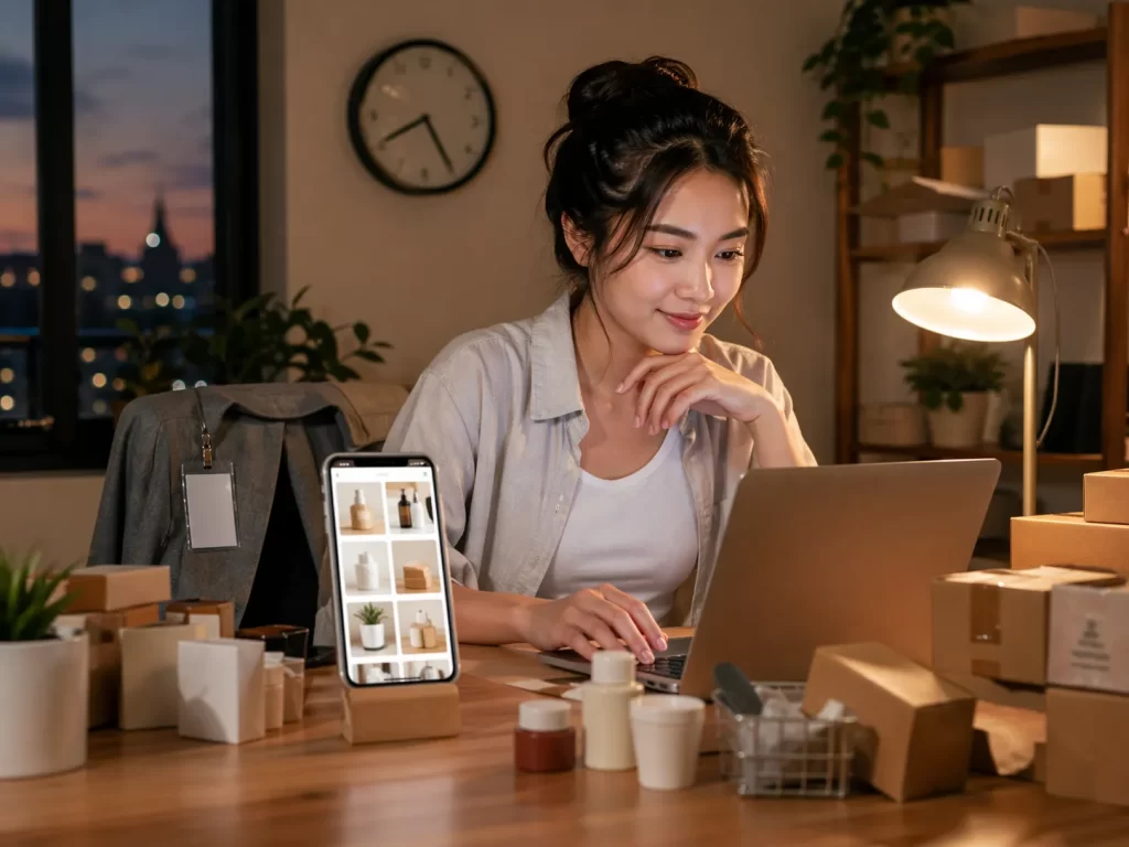 Een jonge ondernemer werkt ’s avonds vanuit huis aan haar webshop, omringd door producten en pakketjes.