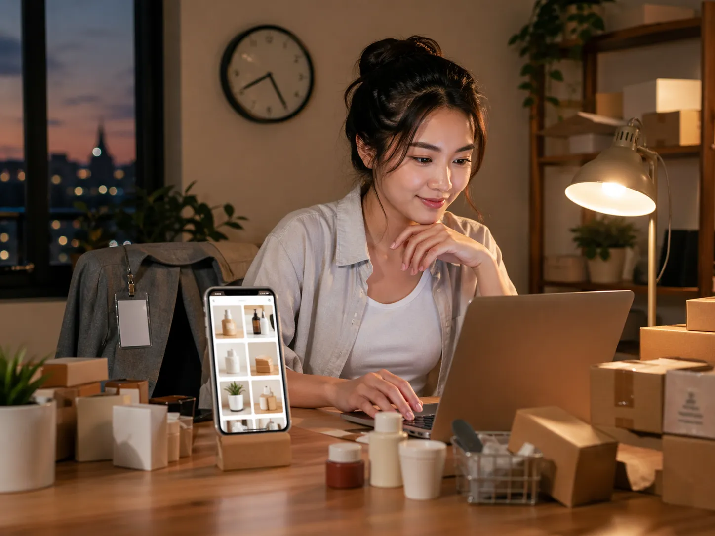 Een jonge ondernemer werkt ’s avonds vanuit huis aan haar webshop, omringd door producten en pakketjes.