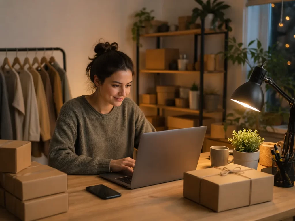 Een gezellige thuiswerkplek waar een ondernemer ’s avonds haar kleine webshop runt met laptop, pakketten en producten.