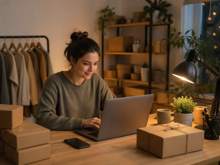 Een gezellige thuiswerkplek waar een ondernemer ’s avonds haar kleine webshop runt met laptop, pakketten en producten.