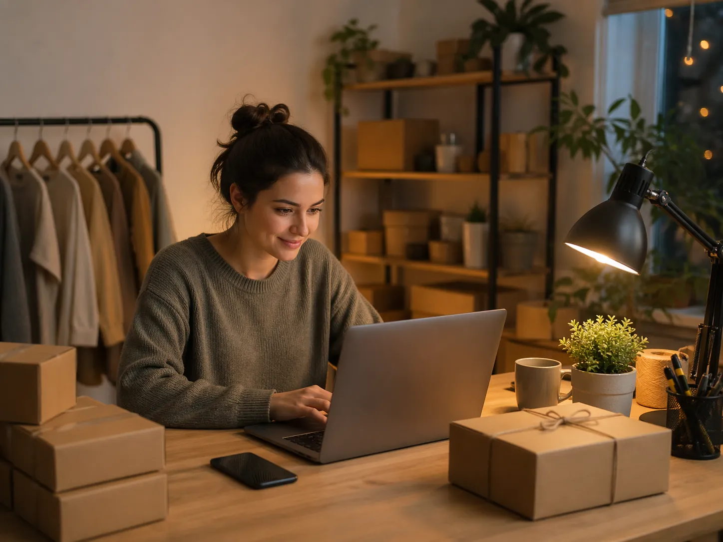 Een gezellige thuiswerkplek waar een ondernemer ’s avonds haar kleine webshop runt met laptop, pakketten en producten.