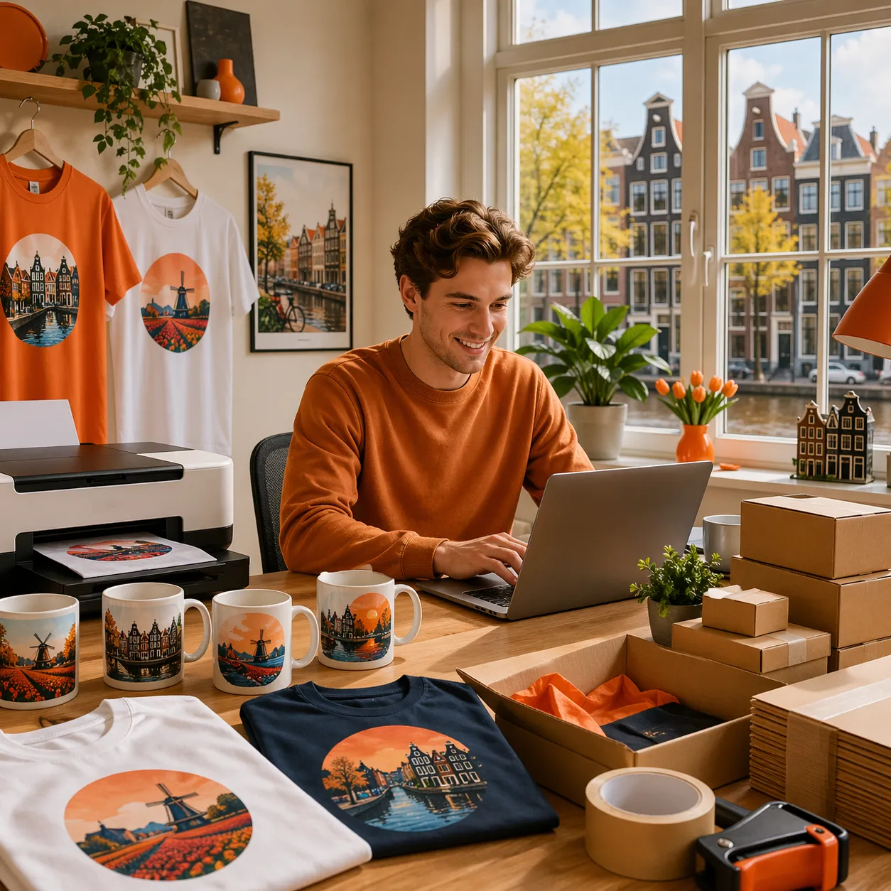 Een creatieve thuiswerkplek voor een print-on-demand bijbaan met gepersonaliseerde shirts, mokken en verzenddozen.