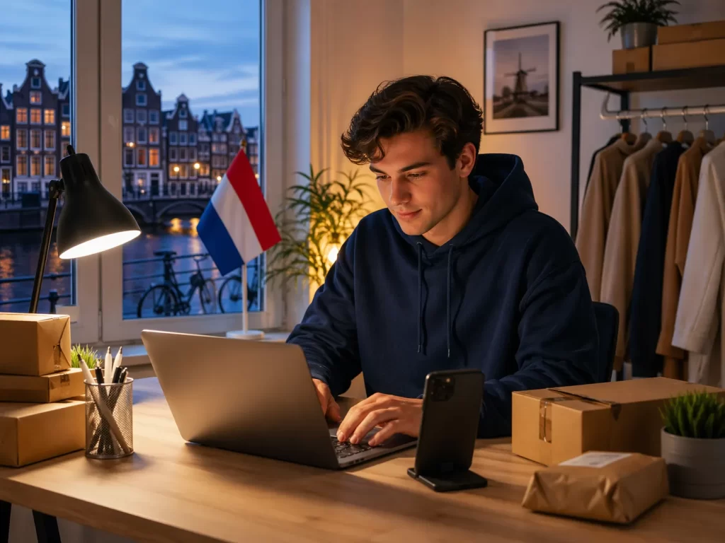 Beginner werkt ’s avonds aan een eigen dropshipping webshop vanuit huis in Nederland.