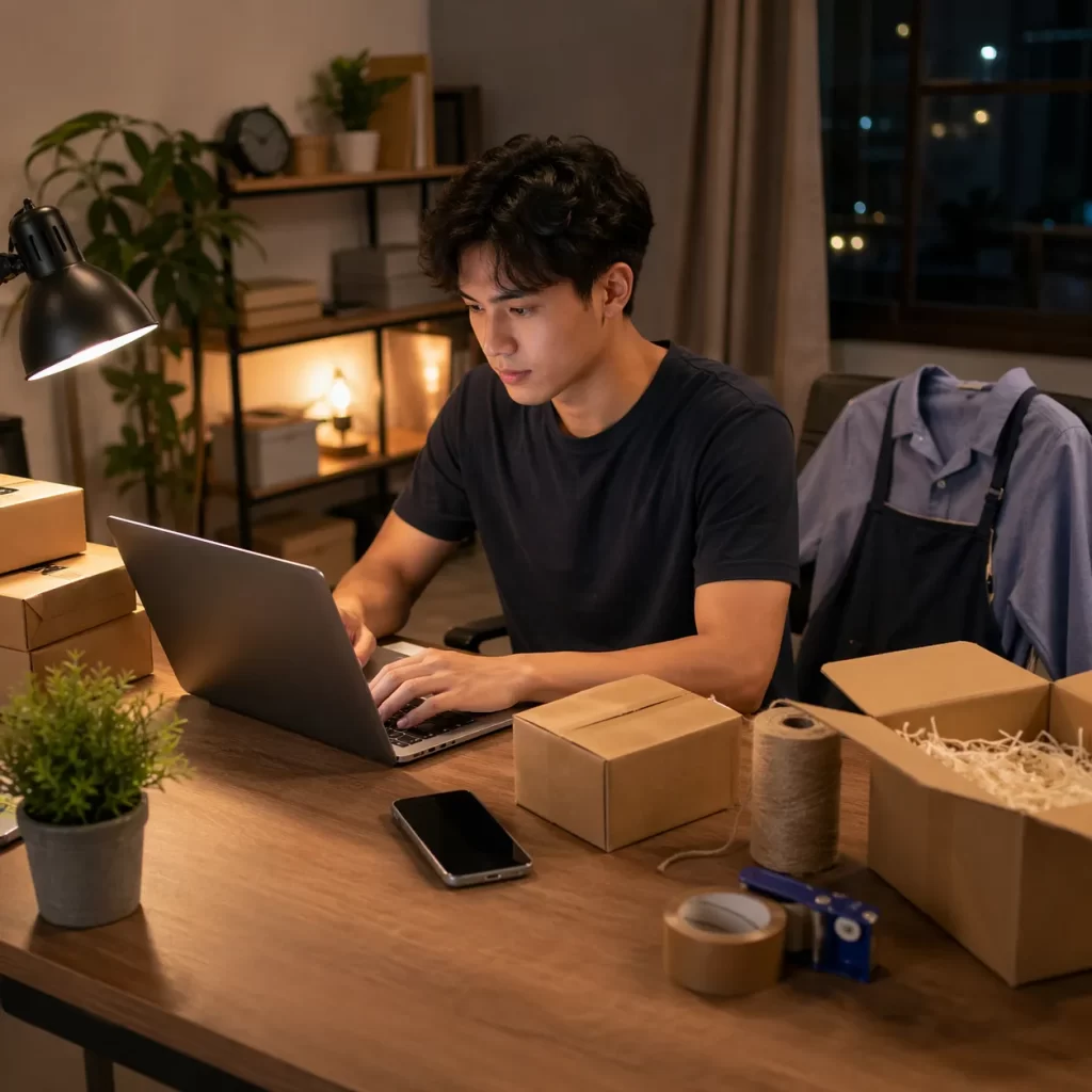 Een jonge ondernemer werkt ’s avonds thuis aan zijn online winkel, omringd door pakketten en verzendmateriaal.