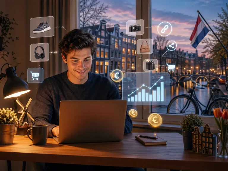 Een sfeervolle illustratie van online geld verdienen met affiliate marketing vanuit huis in Nederland.