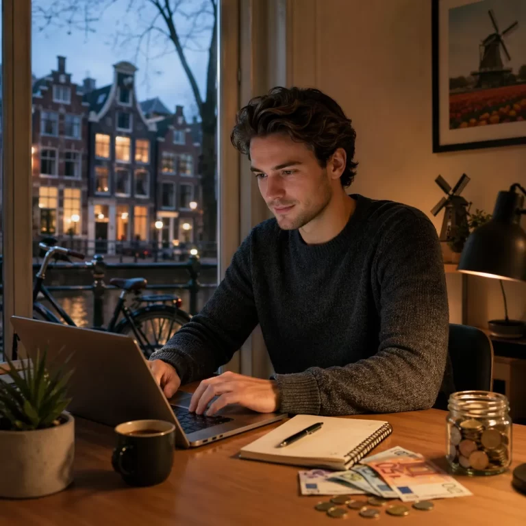 Een gezellige avond thuis, waar iemand werkt aan een blog en stap voor stap online geld verdient.