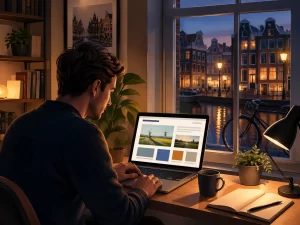 Beroemdheden Een inspirerende thuiswerkplek in Nederland waar iemand ’s avonds aan een nichewebsite werkt.