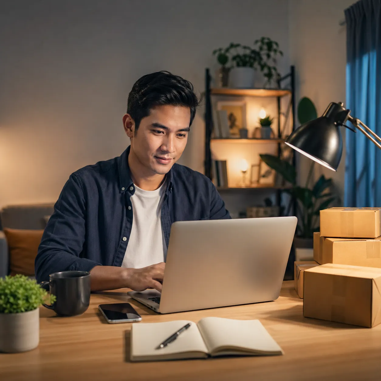 Een gemotiveerde ondernemer werkt ’s avonds vanuit huis aan zijn online business, met laptop en verzenddozen klaar voor nieuwe bestellingen.