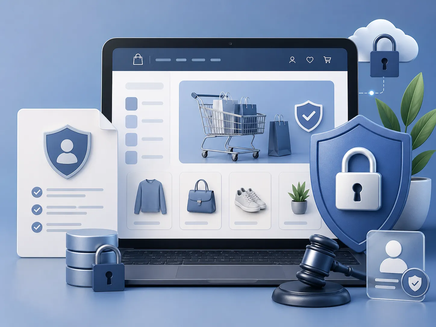 Een moderne webshop met beveiligingssymbolen, die het belang van privacy en gegevensbescherming laat zien.