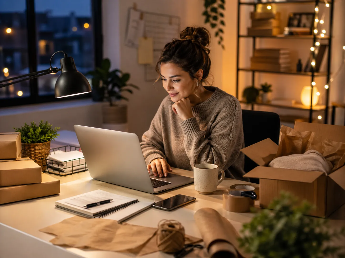 Een sfeervolle thuiswerkplek waar iemand in de avond werkt aan een eigen webshop, met laptop, verpakkingsmateriaal en pakketjes.